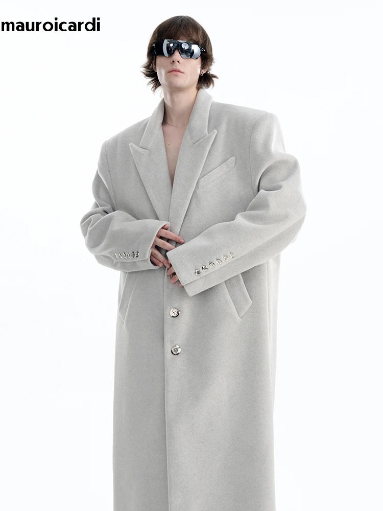 Mauroicardi Autumn Winter Oversized Extra Long Warm Black Wool Blends Coat Men Luxury Designer Floor Length Woolen Overcoat 2024