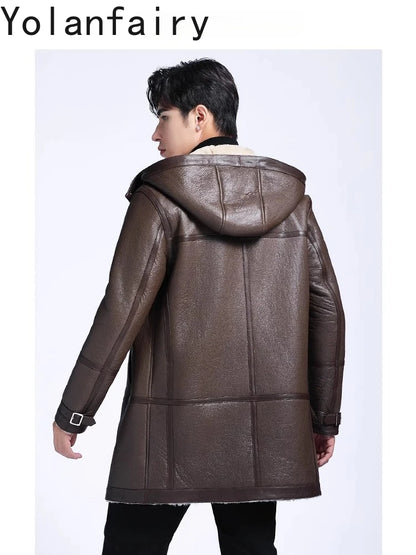 YOLANFAIRY Fashion Brown Genuine Sheepskin Leather Jacket Men Winter Mid-length Hooded Natural Fur Coat Man Warm Fur Coats Slim