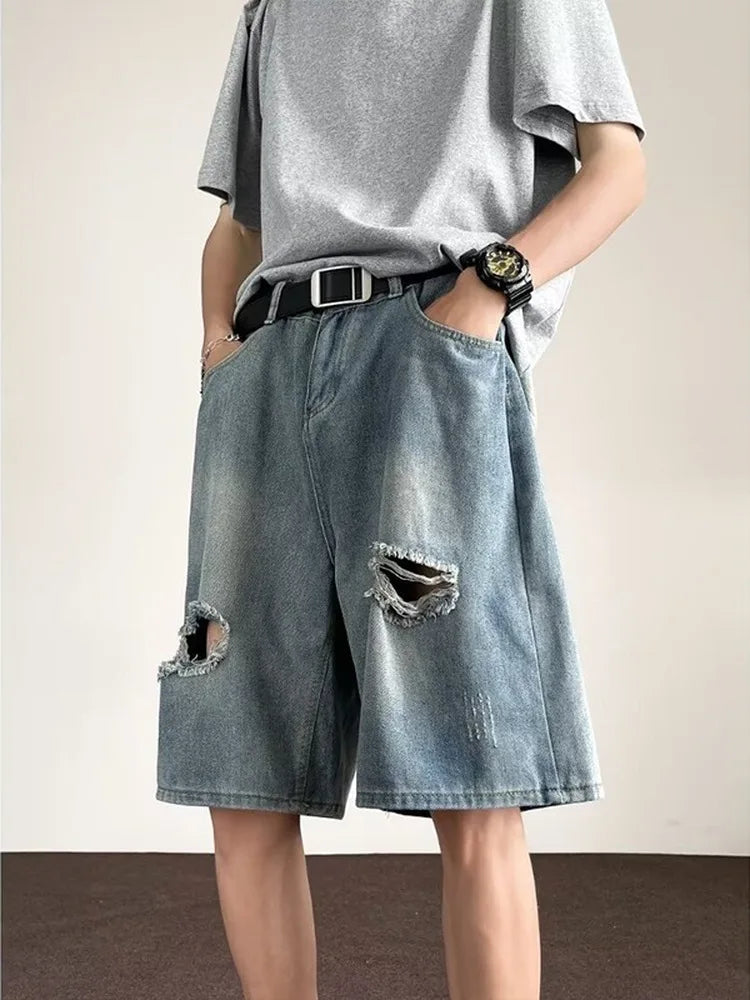 Vintage American High Street Washed Hole Denim Shorts Men's Summer Loose Straight Five-Point Pants Casual mid Waist Jeans