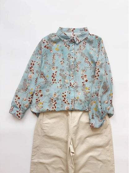 Loose Fit Linen Shirt Women's Thin Long Sleeve Casual Open Cardigan Top Artistic Print Commute Style Autumn Winter Shirt