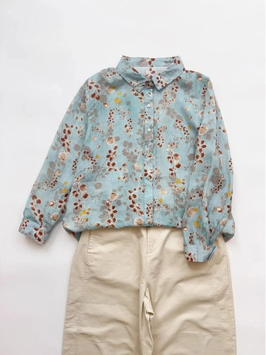 Loose Fit Linen Shirt Women's Thin Long Sleeve Casual Open Cardigan Top Artistic Print Commute Style Autumn Winter Shirt