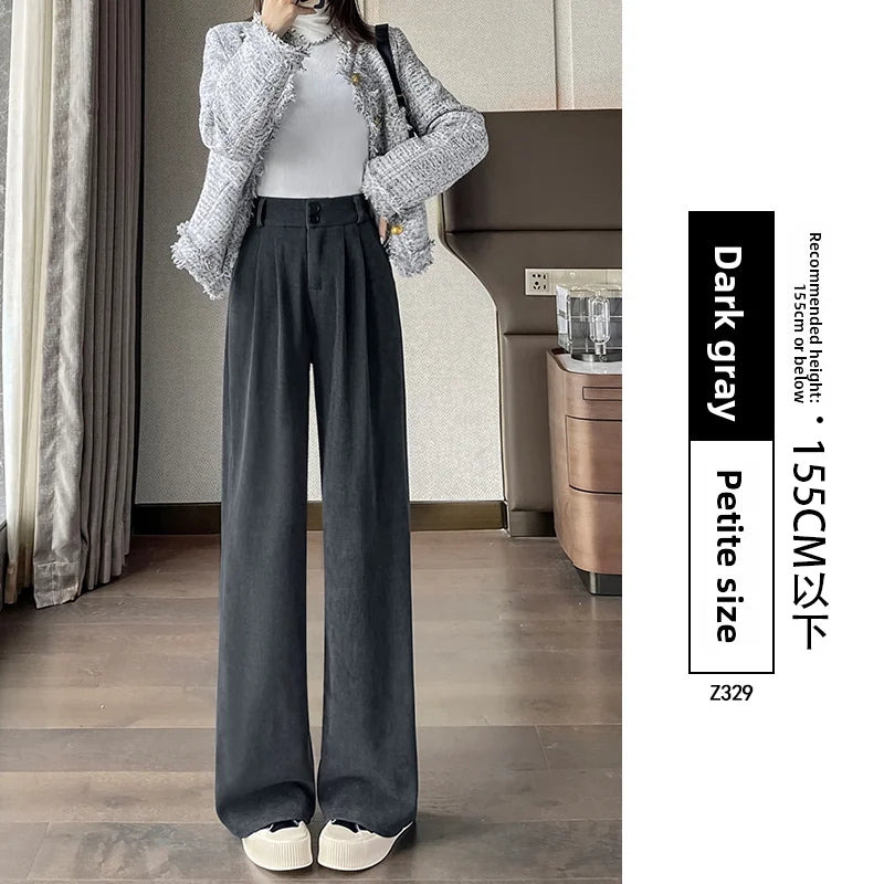 White Corduroy Wide Leg Pants Women's Autumn Winter Slim Straight Drapey Small Size Fleece Lined Suit Trousers