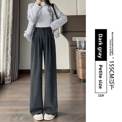 White Corduroy Wide Leg Pants Women's Autumn Winter Slim Straight Drapey Small Size Fleece Lined Suit Trousers