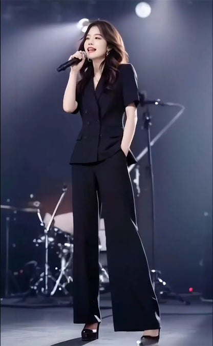 Elegant Short Sleeve Suit Set Women's Summer New Style Powerful Businesslike Top And Pants Two Pieces Set High Waist Pants