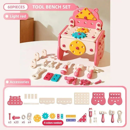 Kids pretend play hippo repair toolbox with simulation electric drill, screw tightening, take-apart & assembly play set.