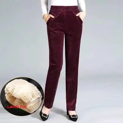 Thickened Fleece Corduroy Pants High Waist Harlan Style Winter 2024 New Women's Casual Trousers Elastic Waist Pocket Detail