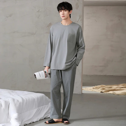 Newest Men Pajamas Set 100% Cotton Sleepwear Male Autumn Long Sleeve Pyjamas