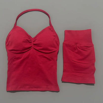 HISTELLO 2 Pieces Sports Set Women Yoga Longline Strap Top Scrunch Seamless Shorts Sport Gym Set Sportswear Workout Fitness Set