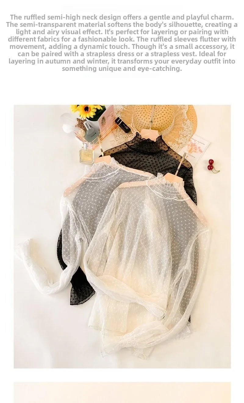 Women's Lace Base Shirt Long Sleeve High Collar Mesh Top 2023 Autumn Fashion Transparent Thin Film Inner Wear Versatile Slim Fit