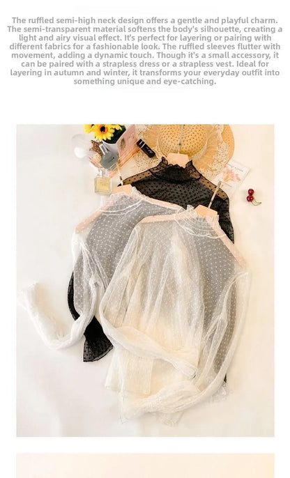 Women's Lace Base Shirt Long Sleeve High Collar Mesh Top 2023 Autumn Fashion Transparent Thin Film Inner Wear Versatile Slim Fit
