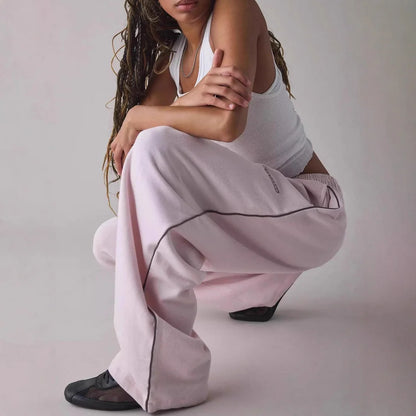 Loose Comfortable Straight Leg Pants Elastic Waist Casual Trousers Mid-Low Waist PVC Fabric Ladies Spring Season Fashion