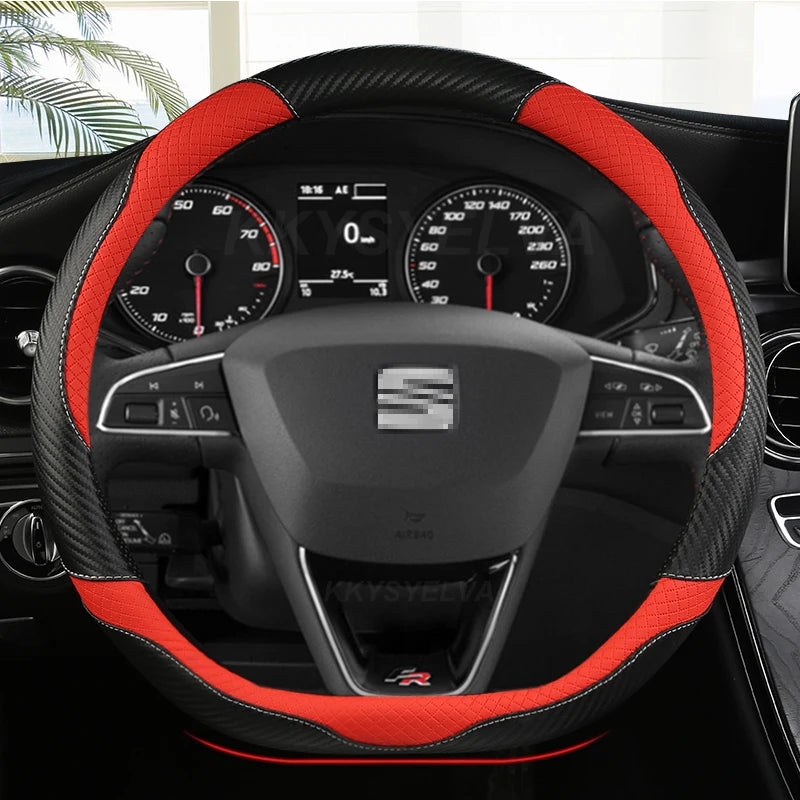 Carbon Fiber+Leather Car Steering Wheel Cover Non-Slip 38cm For Seat Tarraco Arona Ateca Ibiza Toledo Mii Leon Arosa Exeo ST FR
