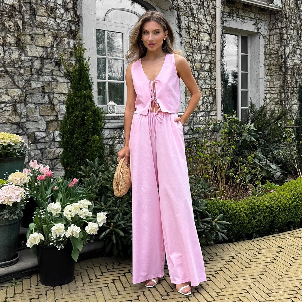 Blubelle Women's Two-piece Outfit 2026 New Design with Lace Up Sleeveless Vest and Wide Leg Pants Summer Matching Set