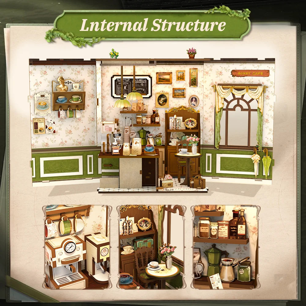 CUTEBEE DIY Book Nook Kit Miniature Wooden Dollhouse with Lights Bookshelf Insert 3D Puzzle Decor Model Sunny Cafe for Kids Gift