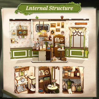 CUTEBEE DIY Book Nook Kit Miniature Wooden Dollhouse with Lights Bookshelf Insert 3D Puzzle Decor Model Sunny Cafe for Kids Gift