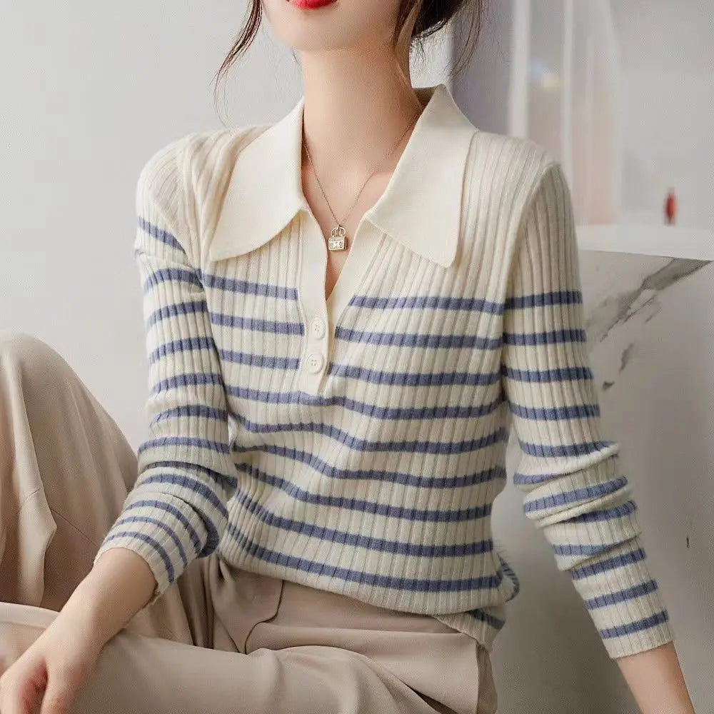 Polo Neck T Shirt for Women Long Sleeve Knitted Striped Woman Tshirt Autumn Winter Fashion 2025 Basic Clothing Trend Pulovers In