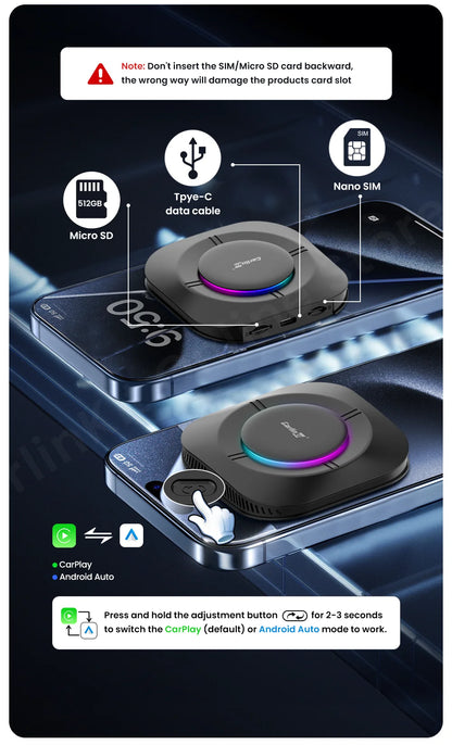 Carlinkit S2 Android 13 Tv Box SM6115 8 Core Carplay Wireless Android auto Support Youtube Netfilx IPTV Spotify Physical Switch