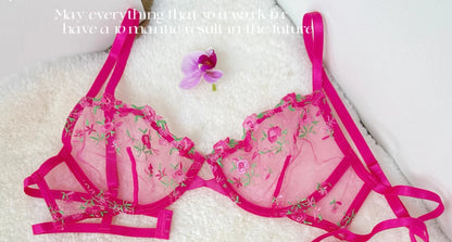 Pure & Sexy Japanese Lingerie Set, Pink Floral Tulle with Embroidery, Harajuku Style Aesthetic Set BANERDANNI Sexy Panty &Tusjy