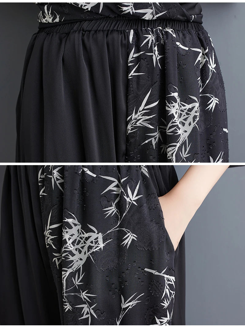 Summer New Loose Artistic Bamboo Print Cross Irregular irt Wide Leg Pants Two Piece Set Good Quali plus Size Faionable