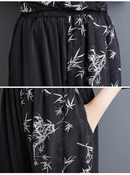 Summer New Loose Artistic Bamboo Print Cross Irregular irt Wide Leg Pants Two Piece Set Good Quali plus Size Faionable