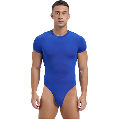 Mens Athletic Bodysuit Shirt Round Neck Short Sleeve High Cut Leotard Button Crotch Jumpsuit Rompers Bodybuilding Yoga Underwear