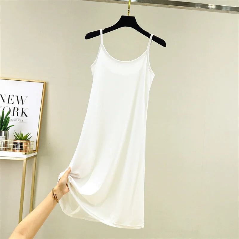 Summer Thin Ice Silk A-Line Dress Women's Casual Long Gown Inner Wear Vest Dress plus Size Korean Style Loose Waist Design