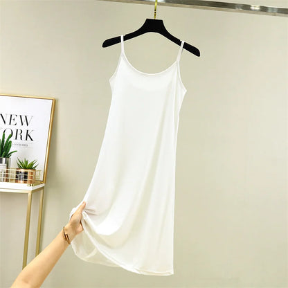 Summer Thin Ice Silk A-Line Dress Women's Casual Long Gown Inner Wear Vest Dress plus Size Korean Style Loose Waist Design