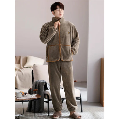 Men's Winter Sleepwear Coral Fleece Thickened Flannel Casual Long Sleeve Pajamas Large Size Home Clothes Chinese Style
