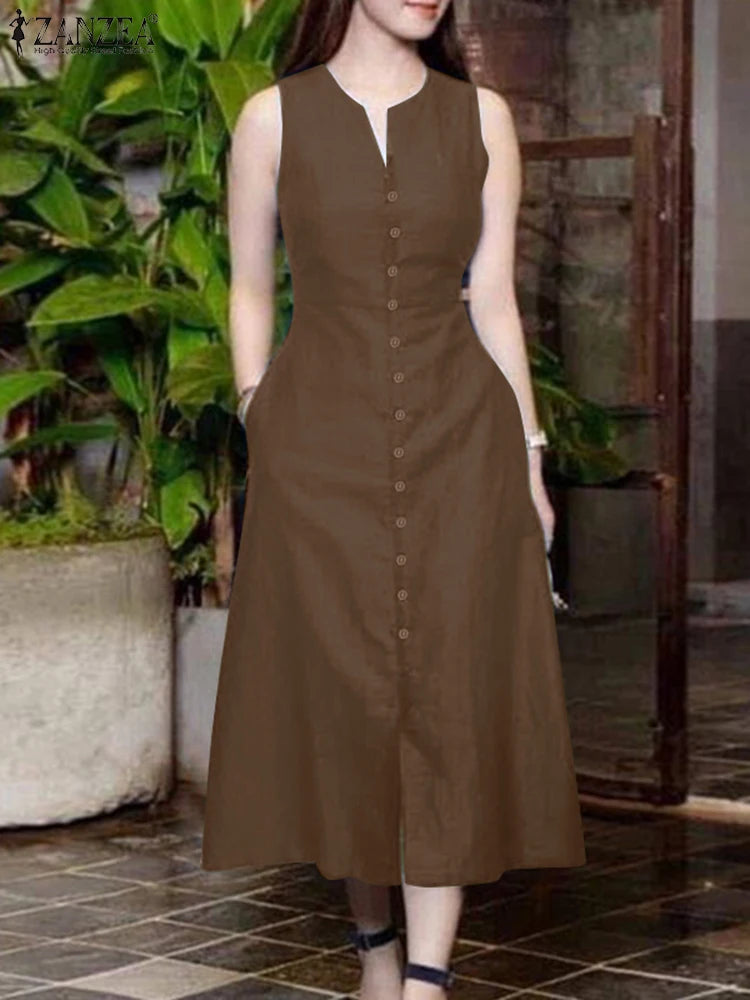 ZANZEA 2025 Summer Sundress Women Stylish Solid Party Holiday Vestidos Elegant V Neck Sleeveless Midi Dress Robe Femme Kaftan