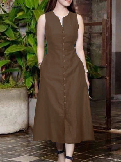ZANZEA 2025 Summer Sundress Women Stylish Solid Party Holiday Vestidos Elegant V Neck Sleeveless Midi Dress Robe Femme Kaftan