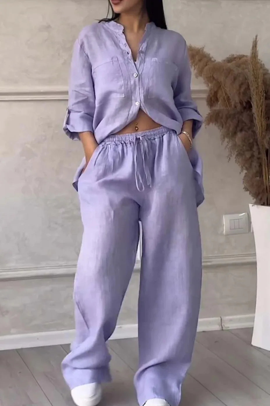 Women's  Color Long Sleeve Shirt And Wide Leg Pants Two-Piece Set Button-Up Tie Waist Long Pants Fashionable Ensemble