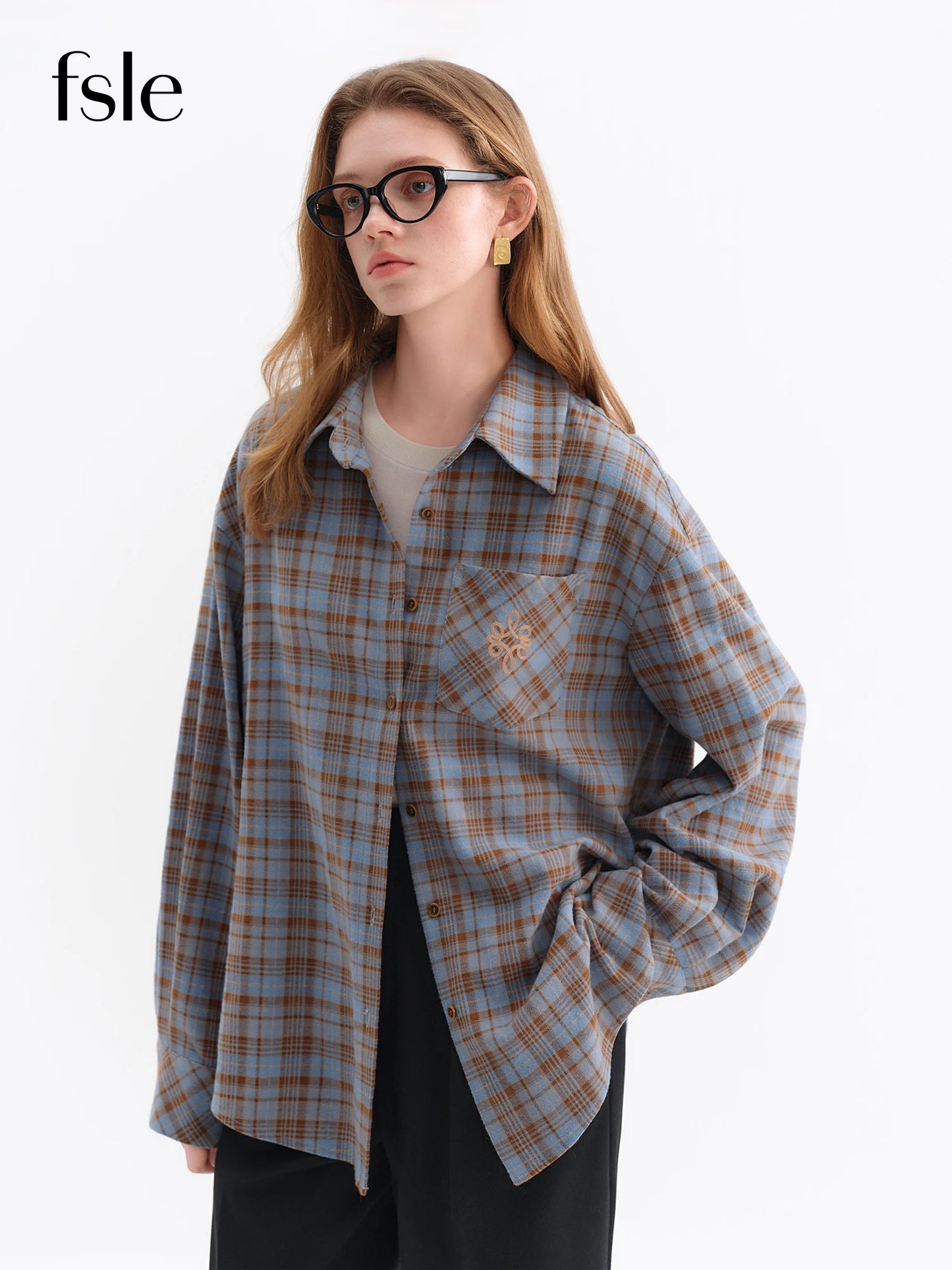 FSLE Brushed Plaid Shirt Women's Winter 2025 New Long Sleeve Plaid Retro Embroidery Shirt Classic Leisure Loose Tops
