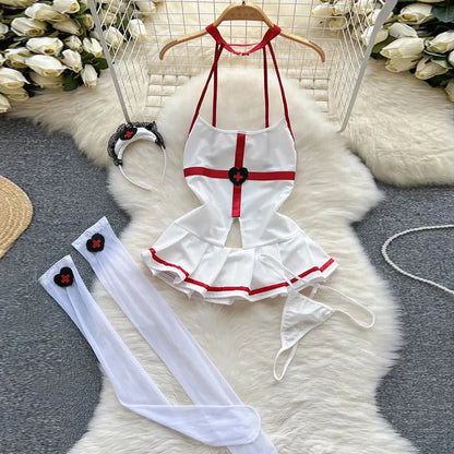 Cute Gray Rabbit Ear Hood Top Sexy Backless Slim Fit Bodysuit Zip Sleeveless Women Sexy Erotic Lingerie Bunny Cosplay Playsuit