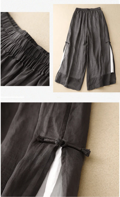 Gray Cotton Linen Casual Elastic High Waist With Lining Women's Pants Wide Leg Ankle-Length Pants For Women Clothing Fashion