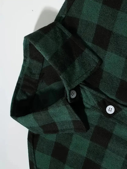 LVLAEA Plaid Pattern Men Fall Winter Buttonup Streetwear Long Sleeve Lapel Collar Pocket Decoration Trendy Y2K Tated Shirt for M