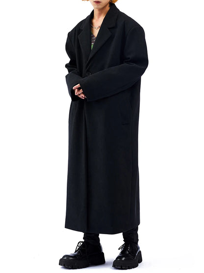 Mauroicardi Autumn Winter Long Oversized Black Woolen Trench Coat Men Shoulder Pads Single Breasted Luxury Cocoon Overcoat 2022