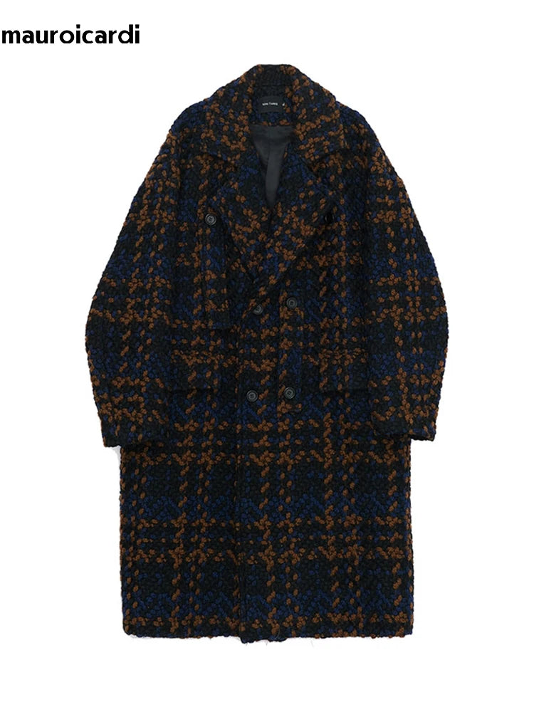 Mauroicardi Autumn Winter Long Loose Stylish Cool Thick Warm Plaid Tweed Woolen Coat Men Double Breasted European Fashion 2023