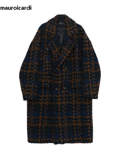 Mauroicardi Autumn Winter Long Loose Stylish Cool Thick Warm Plaid Tweed Woolen Coat Men Double Breasted European Fashion 2023