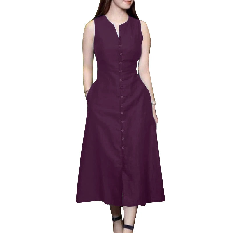 ZANZEA 2025 Summer Sundress Women Stylish Solid Party Holiday Vestidos Elegant V Neck Sleeveless Midi Dress Robe Femme Kaftan