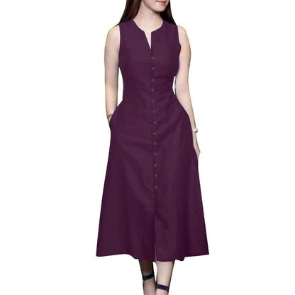 ZANZEA 2025 Summer Sundress Women Stylish Solid Party Holiday Vestidos Elegant V Neck Sleeveless Midi Dress Robe Femme Kaftan