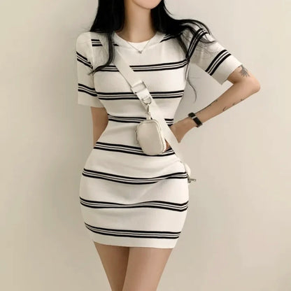 Chic Summer Slim Fit round Neck Striped Knitted Dress Women's Fashion High Waist Bodycon Short Skirt Elegant Lady Style