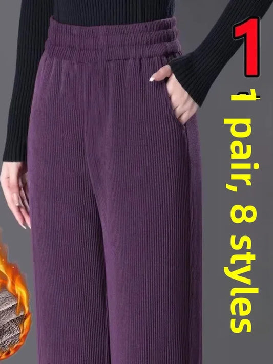 Women's Fleece Lined Corduroy Wide Leg Pants High Waist Warm Straight Cut Casual Trousers Autumn Winter New Mom Comfortable