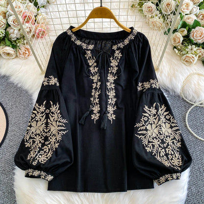 Bohemian Vacation Style Women's Shirt round Neck Lantern Sleeve Embroidery Heavy Work Autumn Design Sense Knot Design Top
