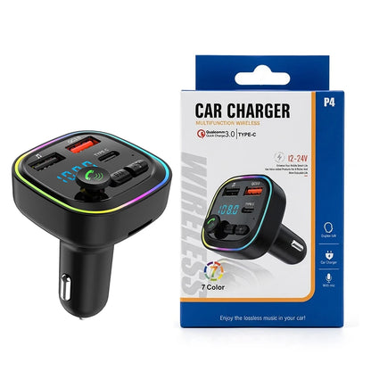 Car Bluetooth FM Transmitter Audio Adapter With RGB Ring Light Dual USB QC3.0 And Type-C Fast Charger Hands-Free MP3 Player