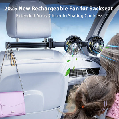 Hipacool Battery Dual Head Fan for Car Backseat with Retractable Long Arm USB Rechargeable Car Seat Headrest Cooling Fan