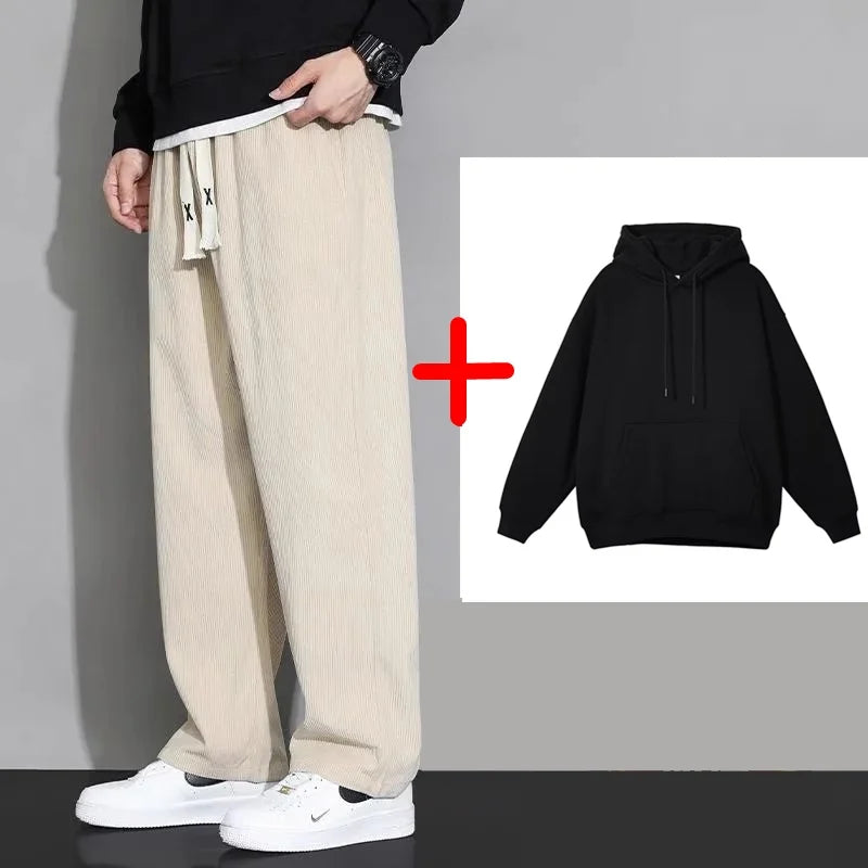 Corduroy Fleece Lined Men's Pants Autumn Winter Style Loose Straight Leg Sports Casual Set Men's Winter Fashion Trousers