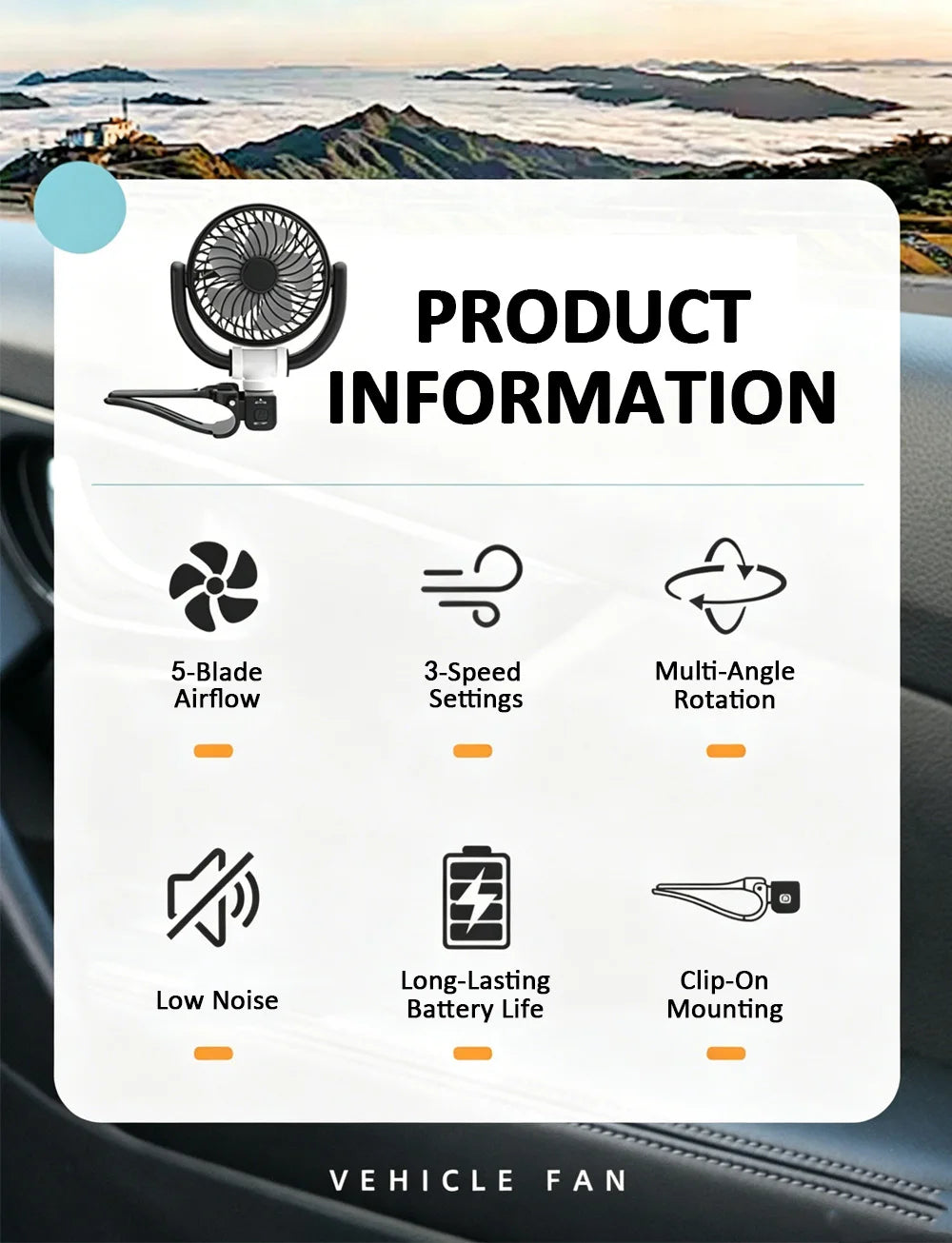 Car Cooling Clamp Fan Brushless Motor USB Rechargeable Fan  3 Speed Wind Rotatable Portable 5 Leaves Fan Car Electronic Tool