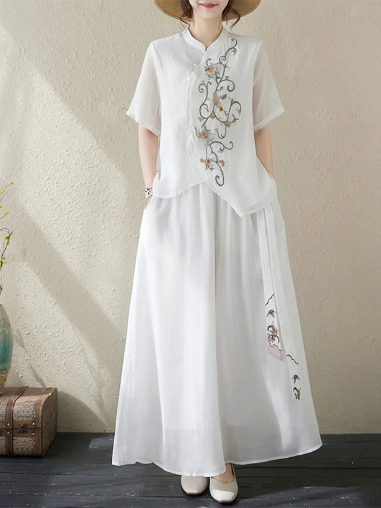 New National Style Heavy Embroidery  Set Women Summer Loose plus Size Fringed Wide Leg Pants Skirt Slimming Two Piece Set