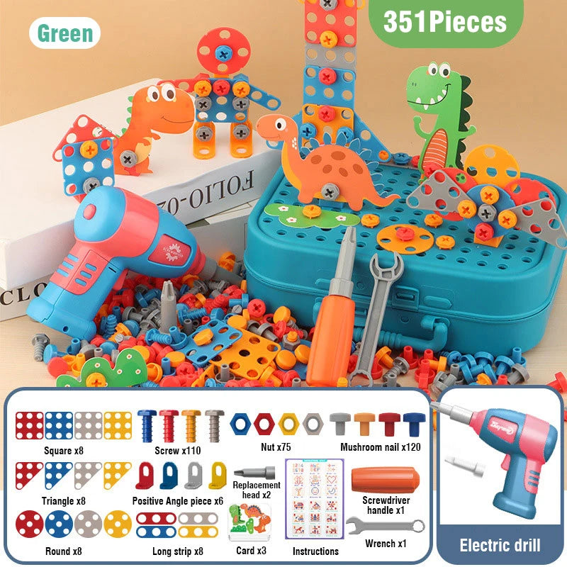 Kids Tool Set Electric Drill with Screws Puzzle Toy Pretend Dinosaur Drilling Assembly Birthday Holiday Gifts for Boy