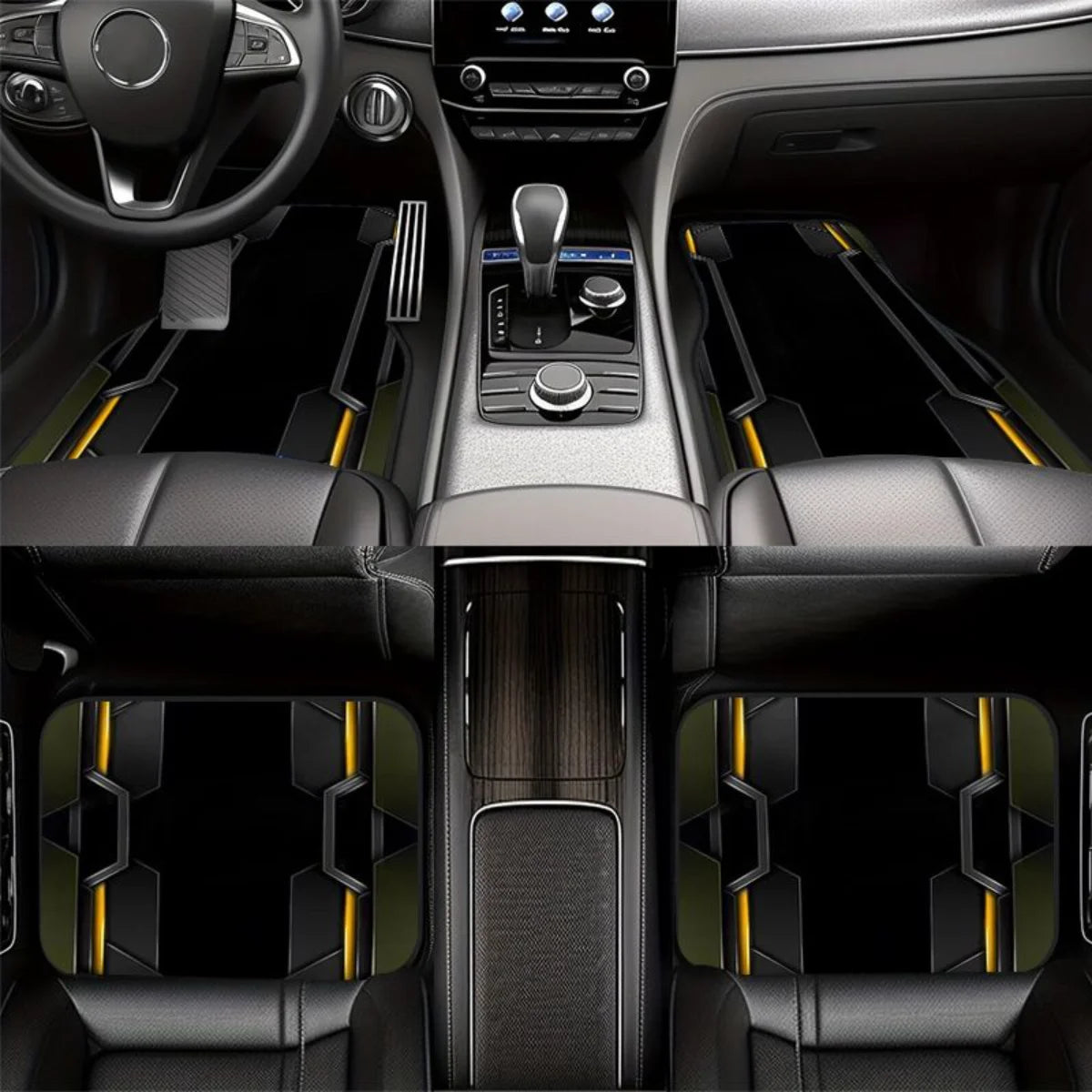 Black Gold Olive Green Tech Geometric Car Floor Mats 4PCS Universal Futuristic Sport Non-slip Foot Mats Interior Accessories